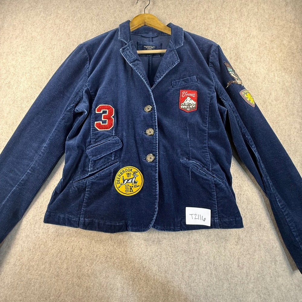 American Eagle Outfitters Navy Corduroy Patch Blazer Jacket Mens Large Stretch